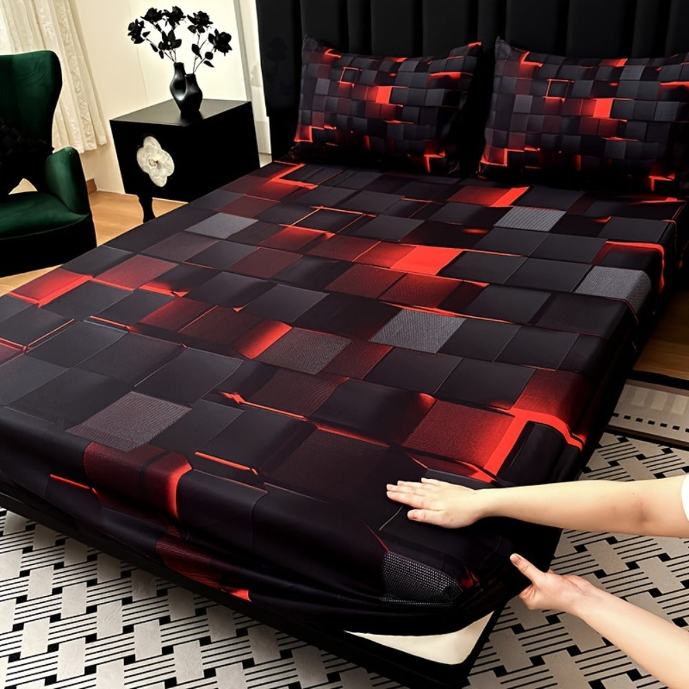 Fitted Sheet Set 3 Piece Digital Print Plaid – Deep Pocket 15 Inch Bed Sheet with 2 Pillowcases, 85% Polyester Soft Breathable Bedding Set