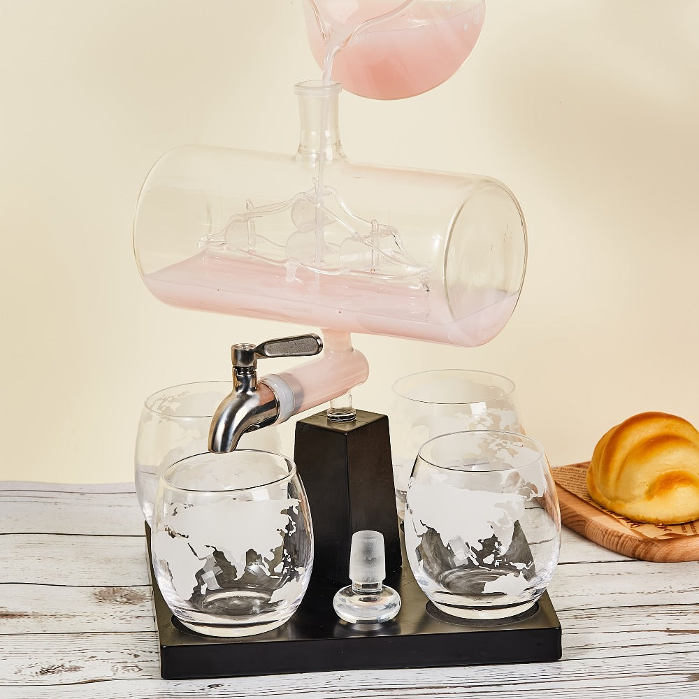 Whiskey Decanter Set with Glasses and Wooden Stand Ball Globe 28oz or Sailboat 44oz Etched for Home Cooking, Dining and Outdoor Meals