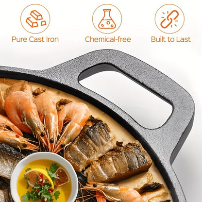 28cm Cast Iron Skillet with Dual Loop Handles and Broad Round Cooking Surface for Oven, Grill or Campfire Use