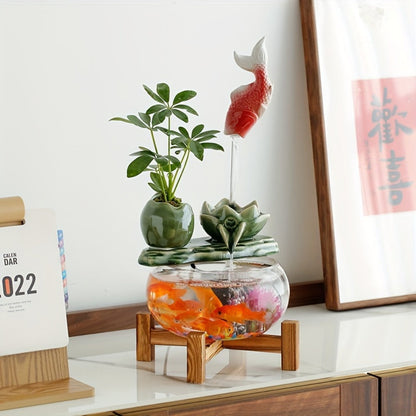 USB Desktop Fish Waterfall Fountain with Glass Bowl, Relaxing Indoor Water Feature Tabletop Decor Zen Fountain Gift