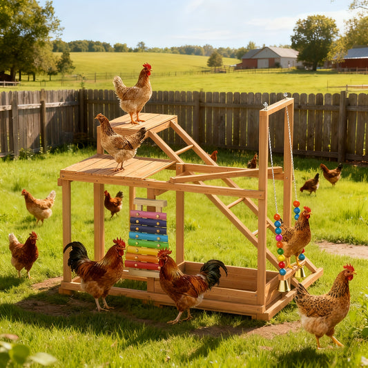 Chicken Coop Toy Activity Play Stand with Perches Swing Ladder Feeder Xylophone Bell Natural Wood Poultry Enrichment Gym for 3-4 Chickens