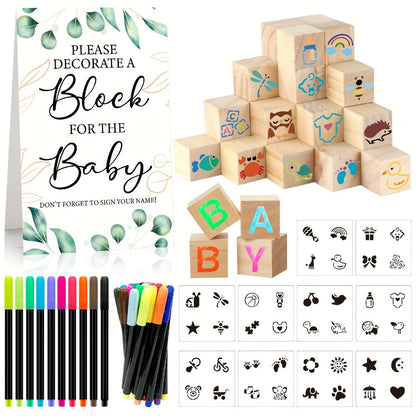 Wooden Block Stacking Game Party Kit 51pcs 30pcs – Baby Shower Tumbling Tower Decoration Sign Set Classic Flower Greenery Fox Bear Style No
