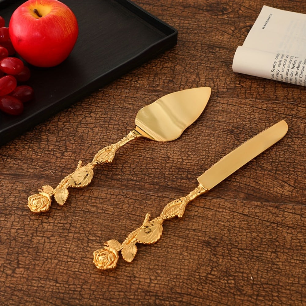 Cake Knife and Spatula Set with Rose Handle, Silver-Plated Dessert Server Gift Box Set for Wedding
