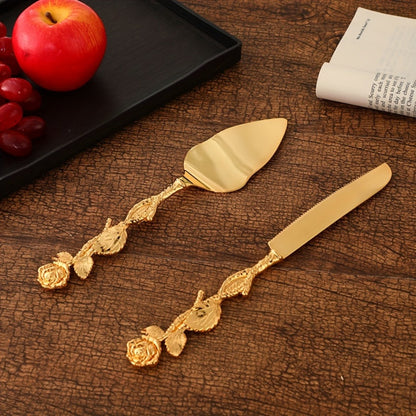 Cake Knife and Spatula Set with Rose Handle, Silver-Plated Dessert Server Gift Box Set for Wedding