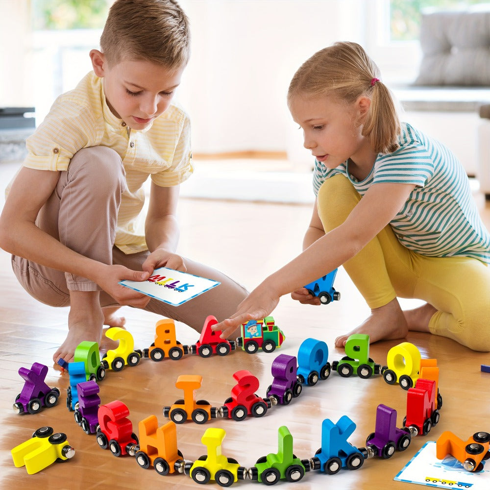 Magnetic Wooden Alphabet Train Set 27PCS ABC Letter Learning Toy with 42 Double-Sided Flash Cards