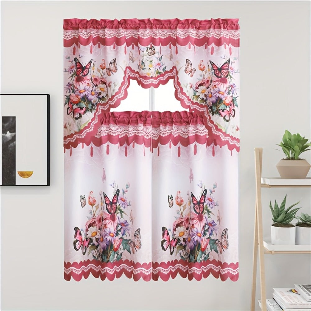Three-Piece Butterfly Floral Window Curtain Set with Rod-Pocket Valance, Two Tiers and Four Colors