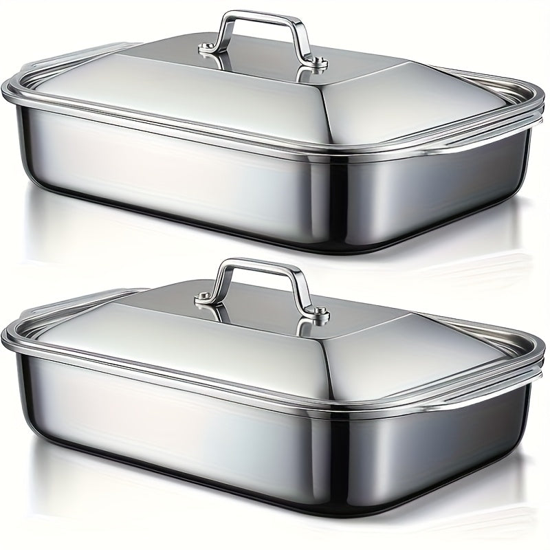 Stainless Steel Deep Baking Tray with Lid 4-Piece Set, 1.59 Gallon Rectangular Roasting Pan with Handle Lids