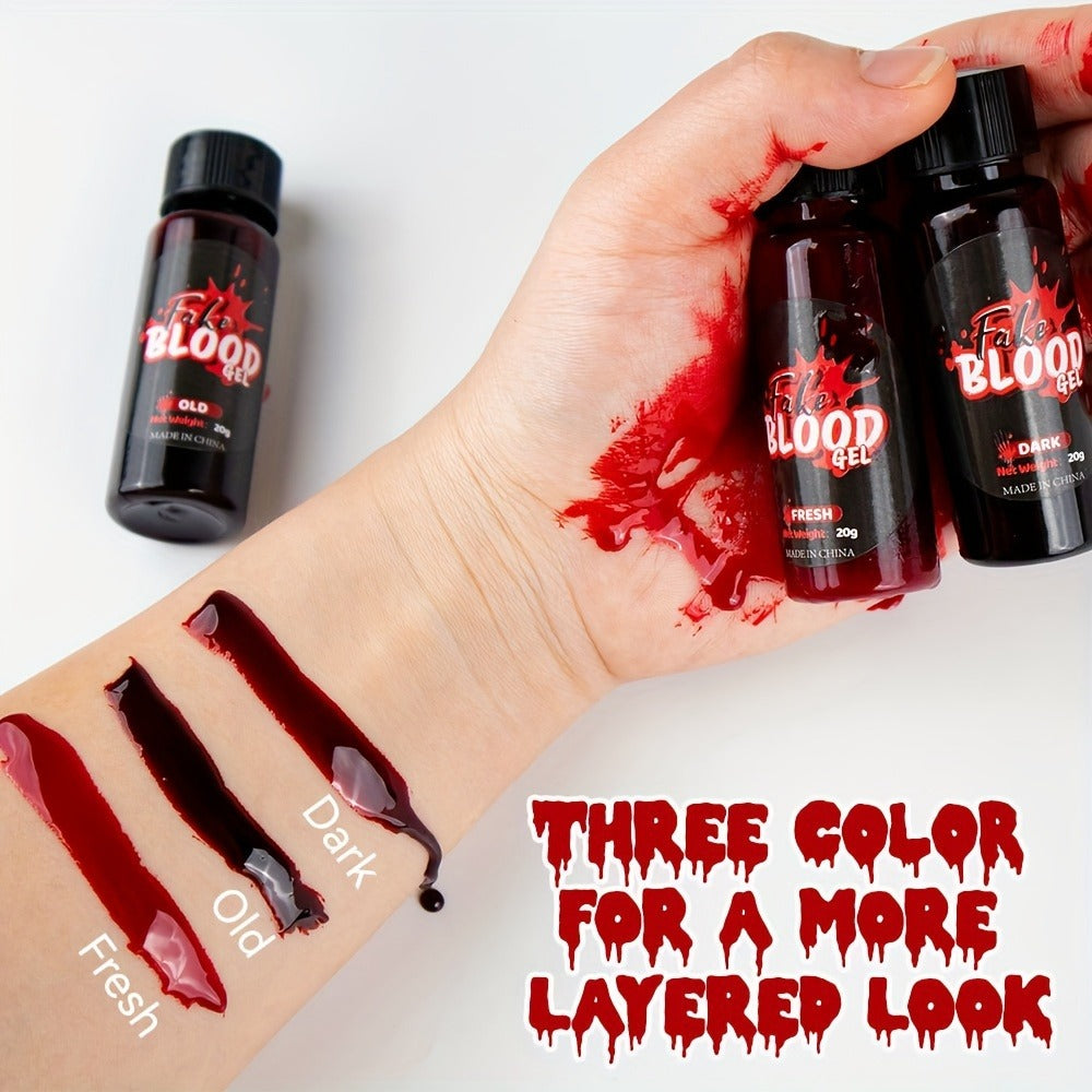 Fake Blood Makeup Kit 3pcs SFX Paste with Brush – Realistic Fresh Dark & Old Blood Special Effects Makeup for Halloween Zombie Vampire