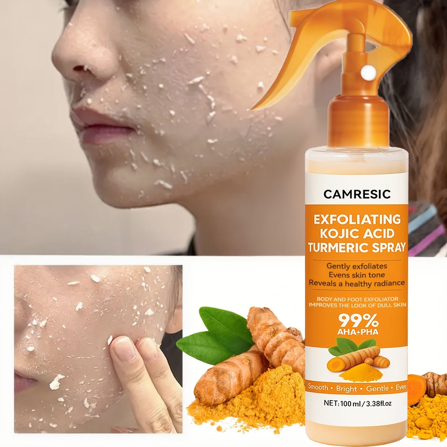Kojic Acid Turmeric Spray 100ML Exfoliating Body Spray for Even Skin Tone Corrector for Face for Entryways, Bedrooms and Living Spaces