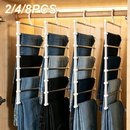 Pants Hangers Foldable Multi-Layer Stainless Steel | Non-Slip Space Saving Closet Organizer for Jeans Leggings Scarves Trousers | 4 or 8