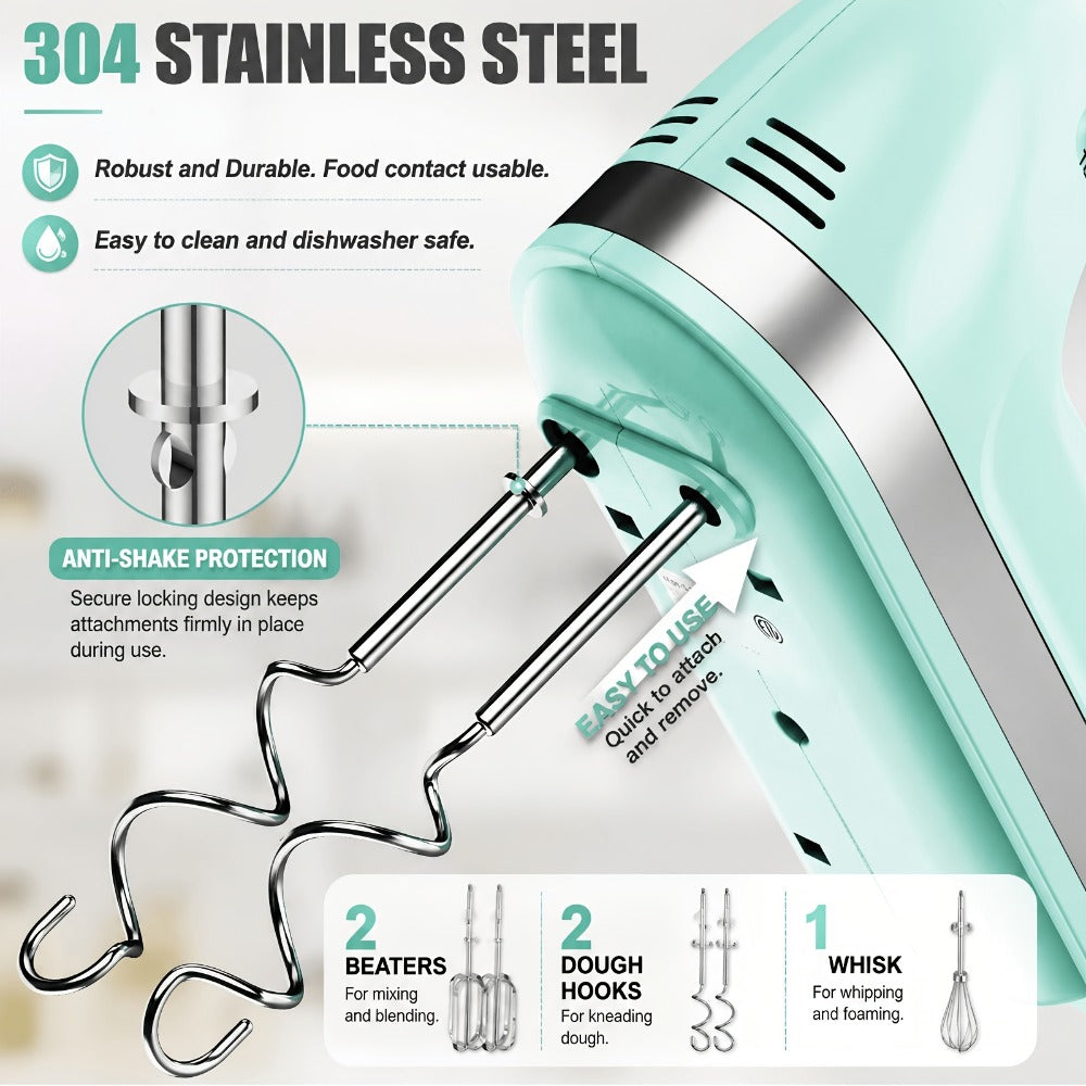 Electric Hand Mixer 5 Speed Turbo Boost - 5 Stainless Steel Accessories, Optional Storage Case, Handheld Mixer for Cookies