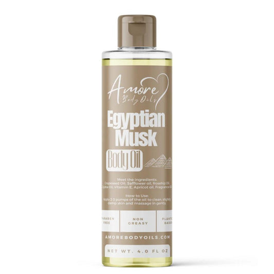 Egyptian Musk Fragrance Body Oil in a Clear 4 fl oz Pump Bottle with Rose, Jojoba and Coconut Labels