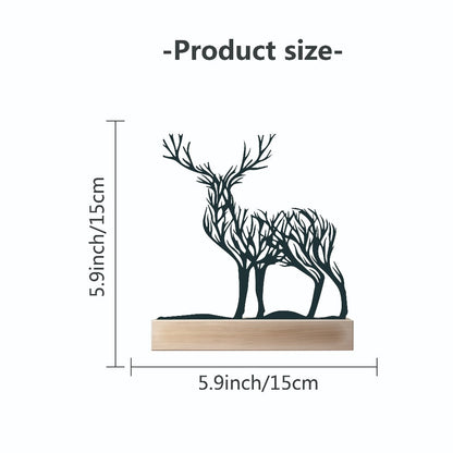 Deer Branch Silhouette Tabletop Decor with Black Iron-Metal Figures, Wood-Look Base and 5.9 x 5.9-Inch Size
