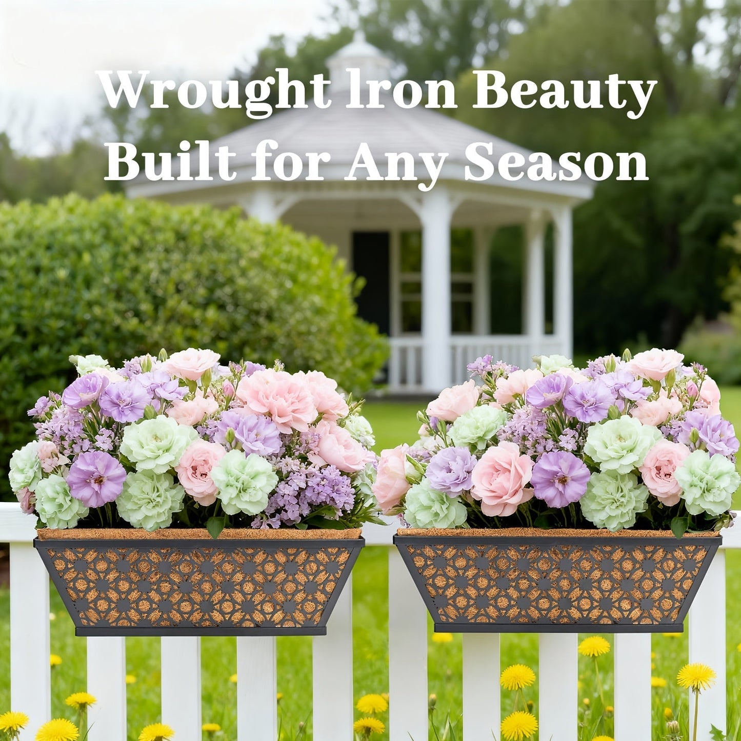 Window Box Planter 24 Inch with Coco Liner Adjustable Railing Brackets Cast Iron Flower Box for Porch Fence Balcony Patio Outdoor Garden