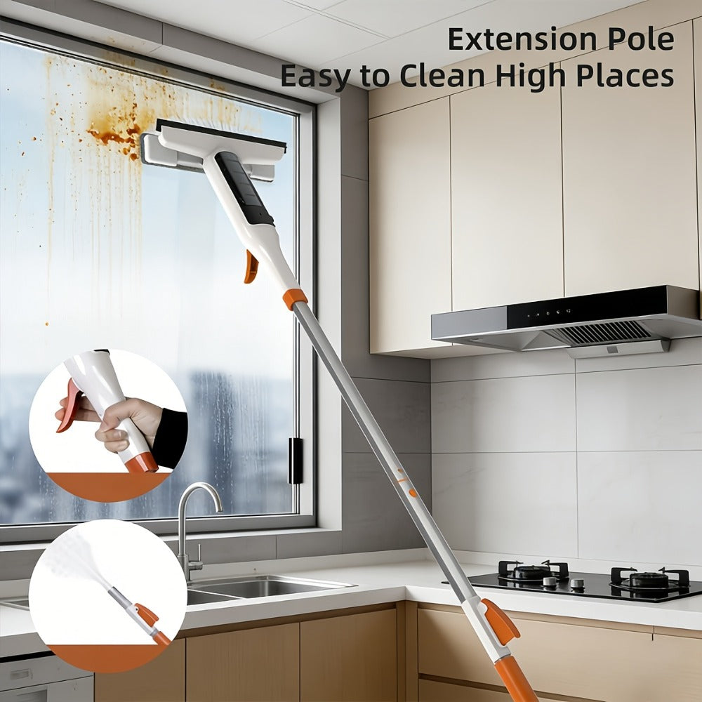 3-in-1 Glass Cleaning Kit with Durable Metal Pole & Scraper, Window Cleaner Tool for High Windows Shower Doors Car Windshields