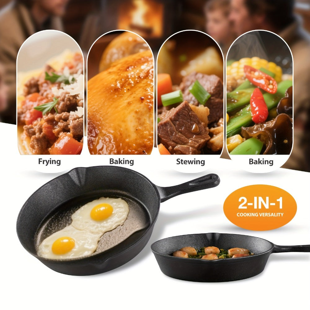 2-in-1 Cast Iron Dutch Oven with 26cm Deep Pot and Long-Handle Skillet Lid for Stovetop, Oven or Campfire