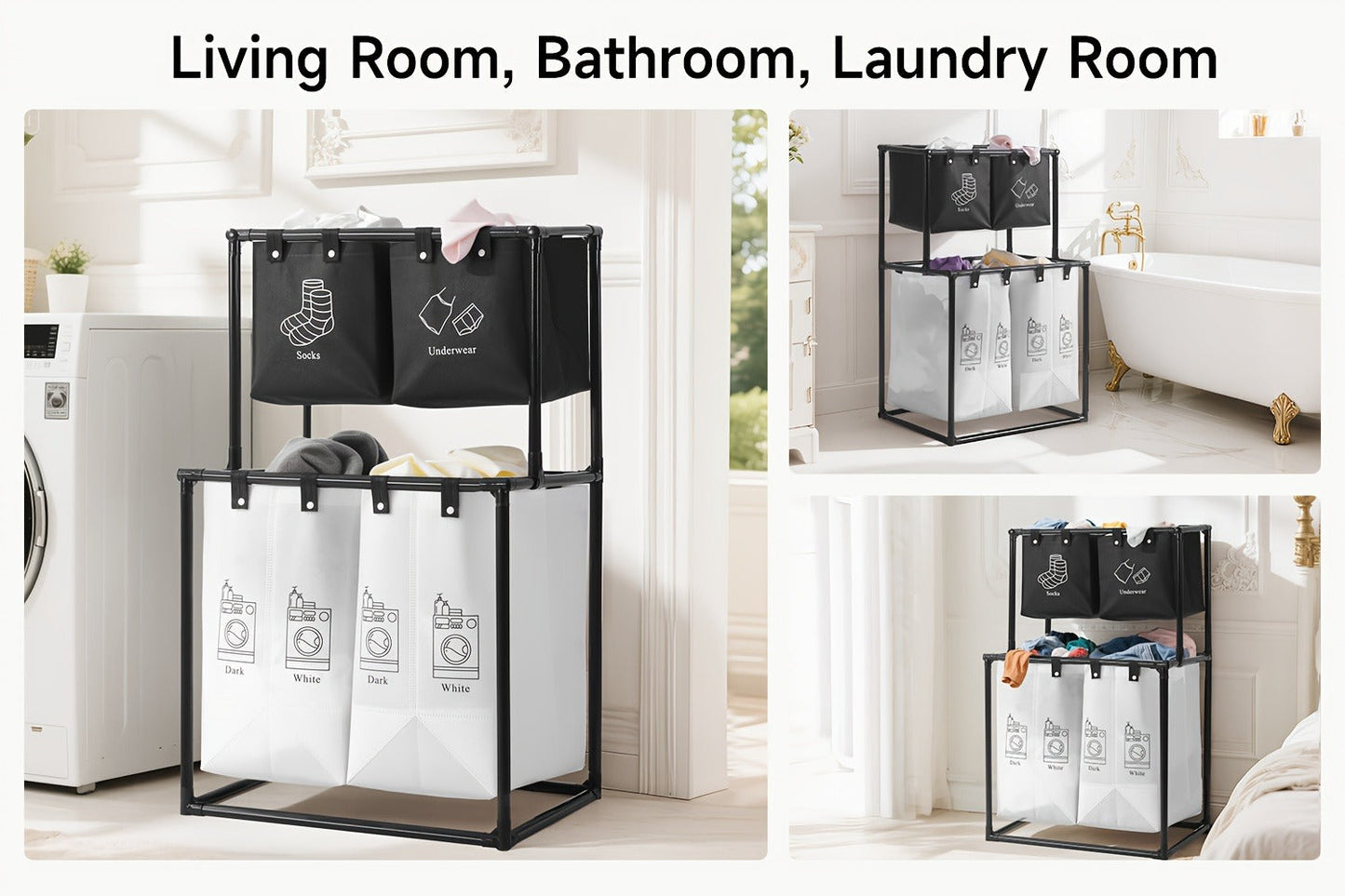 Laundry Sorter 2 Compartment Hamper – 2-Tier Metal Frame Laundry Hamper with Handles, Breathable Mesh Bags & Cable Ties