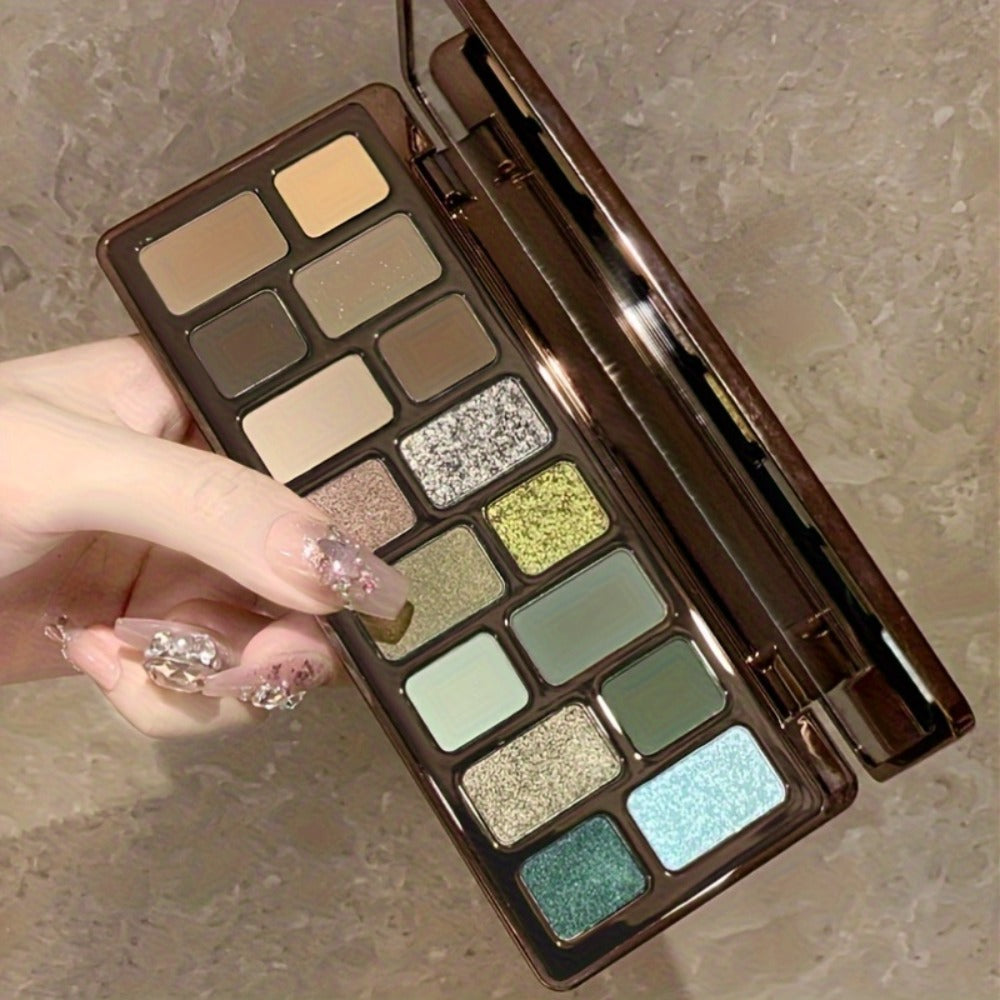 Eyeshadow Palette 16-Shade Brown and Green Compact with Matte, Shimmer and Glitter Finish Mix