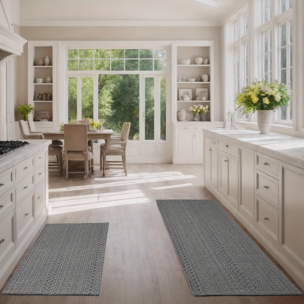 Braided Woven Indoor Rug with 2 x 3-Foot to 6 x 9-Foot Sizes and One Two-Piece Gray Mat Set