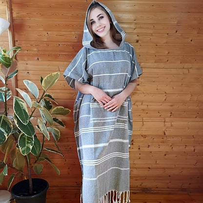 Hooded Beach Poncho Turkish Cotton Sandproof - Wearable Surf Changing Towel Thin Bathrobe, S & L