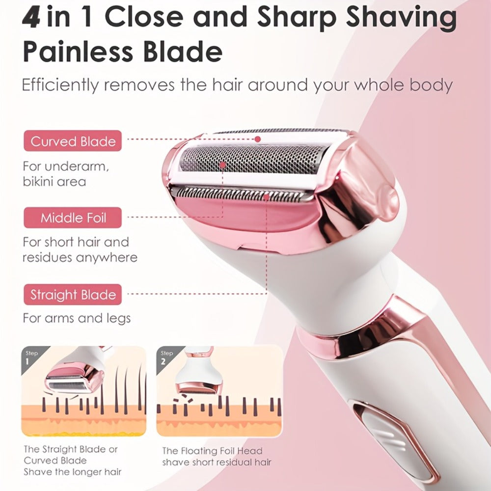 4-in-1 Electric Hair Remover for Women USB Rechargeable Shaver Trimmer – Eyebrow Nose Face Leg Bikini Line Underarm Peach Fuzz Removal