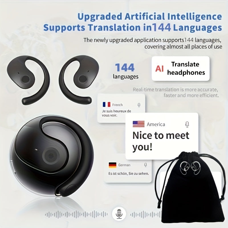 144-Language AI Real-Time Translation Earbuds, Two-Way Interpreter Earphones USB & Battery Rechargeable with Carrying Pouch