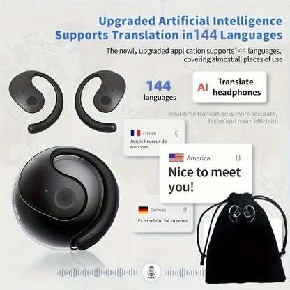 144-Language AI Real-Time Translation Earbuds, Two-Way Interpreter Earphones USB & Battery Rechargeable with Carrying Pouch