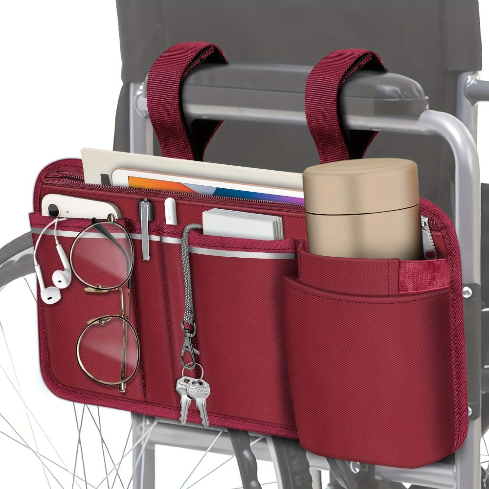 Wheelchair Bag Side Storage with Cup Holder Reflective Strips 8 Pockets 14x7.5 Inch for Entryways, Bedrooms and Living Spaces