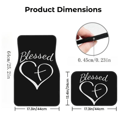 Heart and Cross Car Floor Mats, Four-Piece Black Printed Set with Two Front and Two Rear Mats