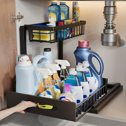 Under Sink Storage Organizer 2-Tier Sliding Metal Shelf in 1-Pack or 2-Pack, Black, White or Gray