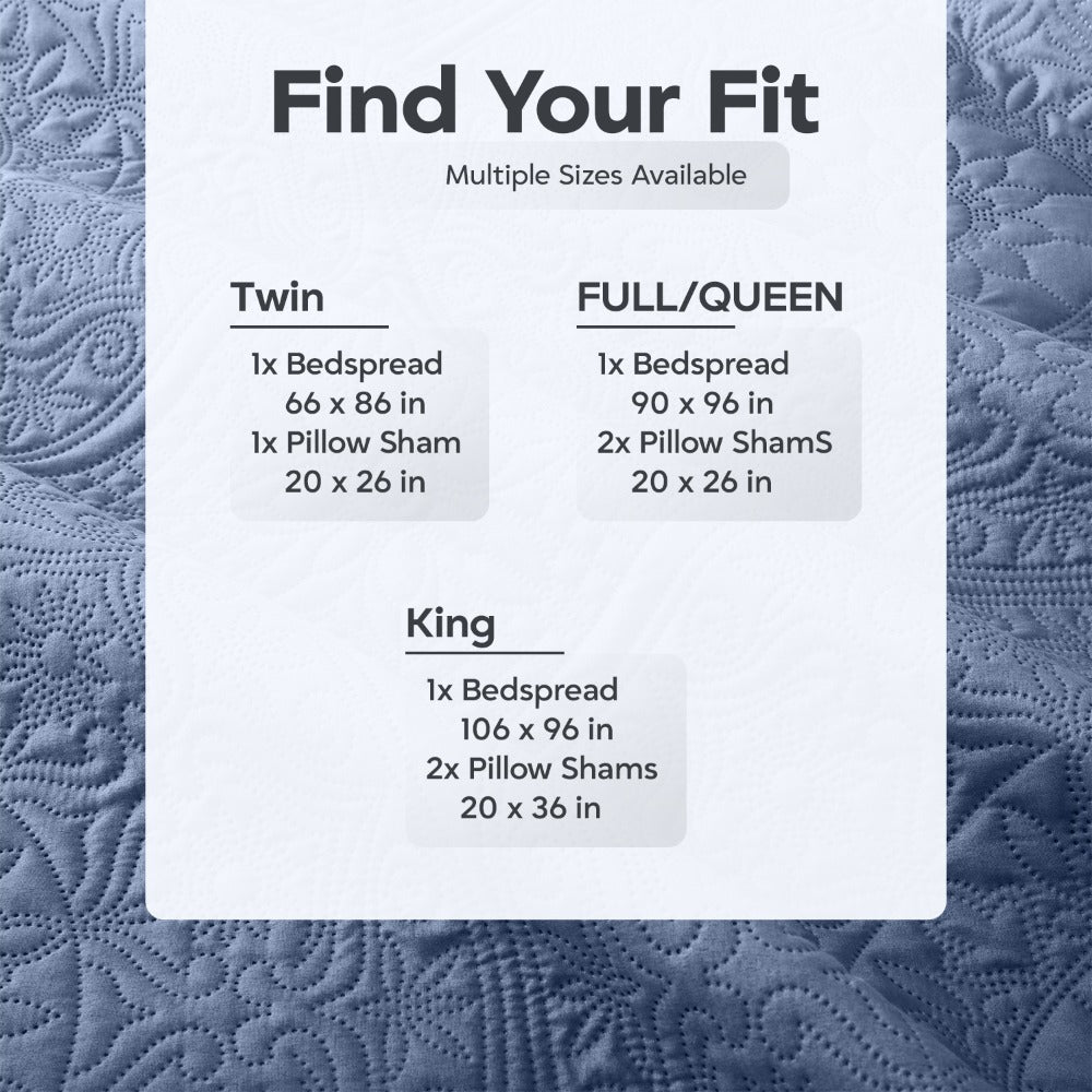 Floral-Pattern Three-Piece Bedspread Set in 16 Colors with Twin, Queen, King and California King Sizes
