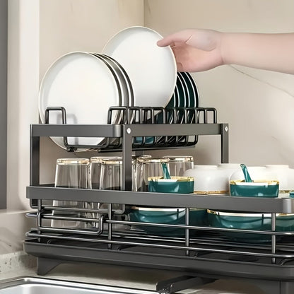 Two-Tier Dish Drying Rack Set with Metal Frame, Drainboard, Mat and Utensil and Cup Holders