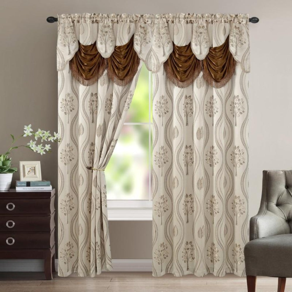 Two-Panel Jacquard Window Curtain Set with Attached Waterfall-Style Valance, 54 x 84-Inch Size and Four Colors