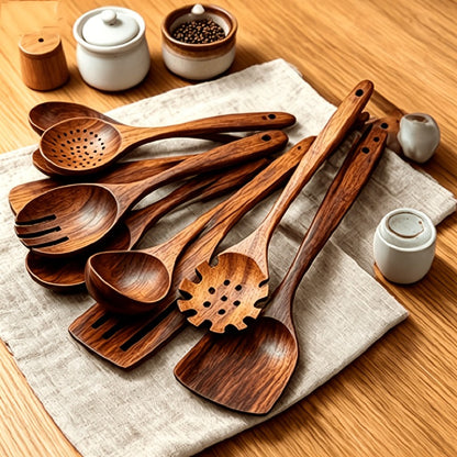 Wooden Kitchen Utensil Set 10 Piece – Nonstick Safe Cooking Spoons, Ergonomic Handle, Heat Resistant Wood Kitchen Tools
