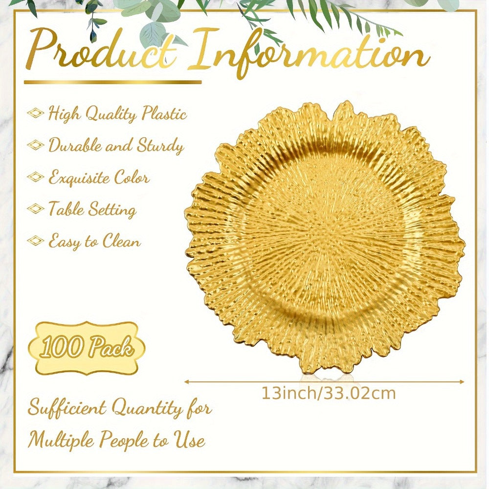 Wedding Plates 100pcs, 13 Inch Plastic Floral Decorative Plates with Metallic Ruffled Rim, Bulk Party Plates for Wedding