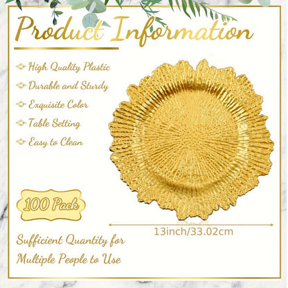 Wedding Plates 100pcs, 13 Inch Plastic Floral Decorative Plates with Metallic Ruffled Rim, Bulk Party Plates for Wedding
