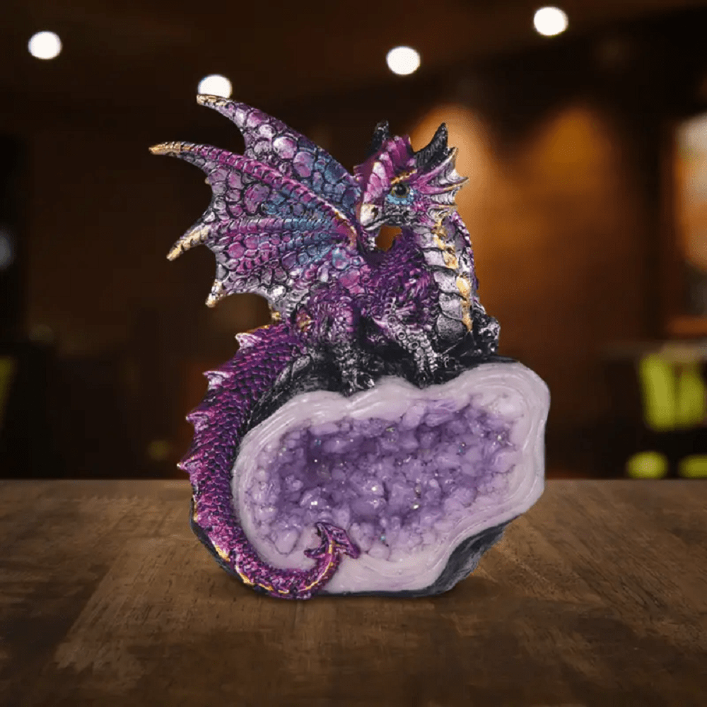 Dragon Figurine Statue Guarding Crystal Cave Polyresin Collectible Home Decor Sculpture Fantasy Dragon for Garden, Patio and Yard Use