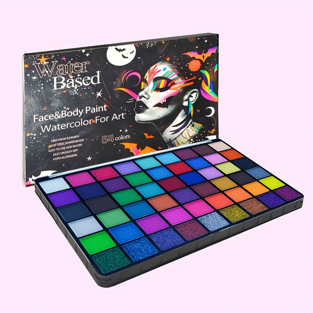 54 Color Face & Body Paint Kit with UV Fluorescent, Matte & Glitter Shades, Pattern Templates, Brushes &