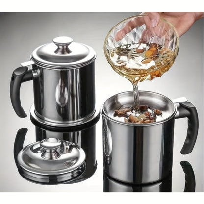 Grease Container with Strainer Stainless Steel – Kitchen Bacon Fat Storage Can with Easy Pour Handle for Cooking Oils and Fats
