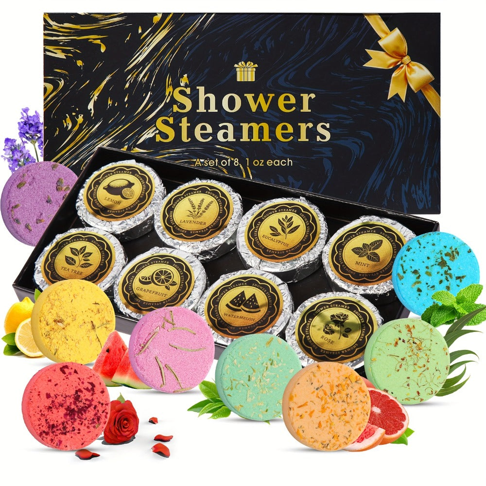 Eight 30 g Shower Steamer Tablets in Eight Fragrance Labels with Black-and-Gold Gift Box Packaging