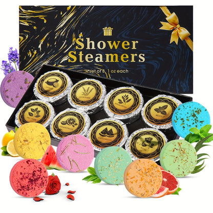 Eight 30 g Shower Steamer Tablets in Eight Fragrance Labels with Black-and-Gold Gift Box Packaging