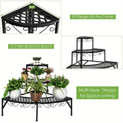 Three-Tier Black Metal Corner Plant Stand with Fan-Shaped Shelves, Scrollwork and Non-Slip Feet