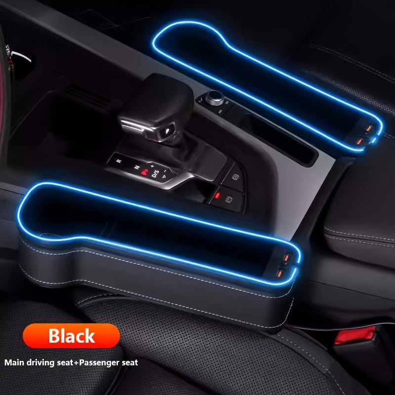 Black Lighted Seat-Gap Car Organizer with Phone Slot, USB Ports and Driver, Passenger or Pair Options