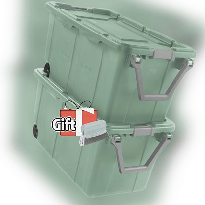 Two-Pack 40-Gallon Green Storage Bins with Latch Lids, Pull Handles and Rear Wheels for Bulk Organization