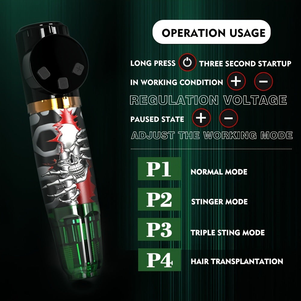 Cordless Tattoo Kit with 1100mAh Skeleton Rotary Pen, 10 Cartridge Needles, 7 Inks and Two Colors