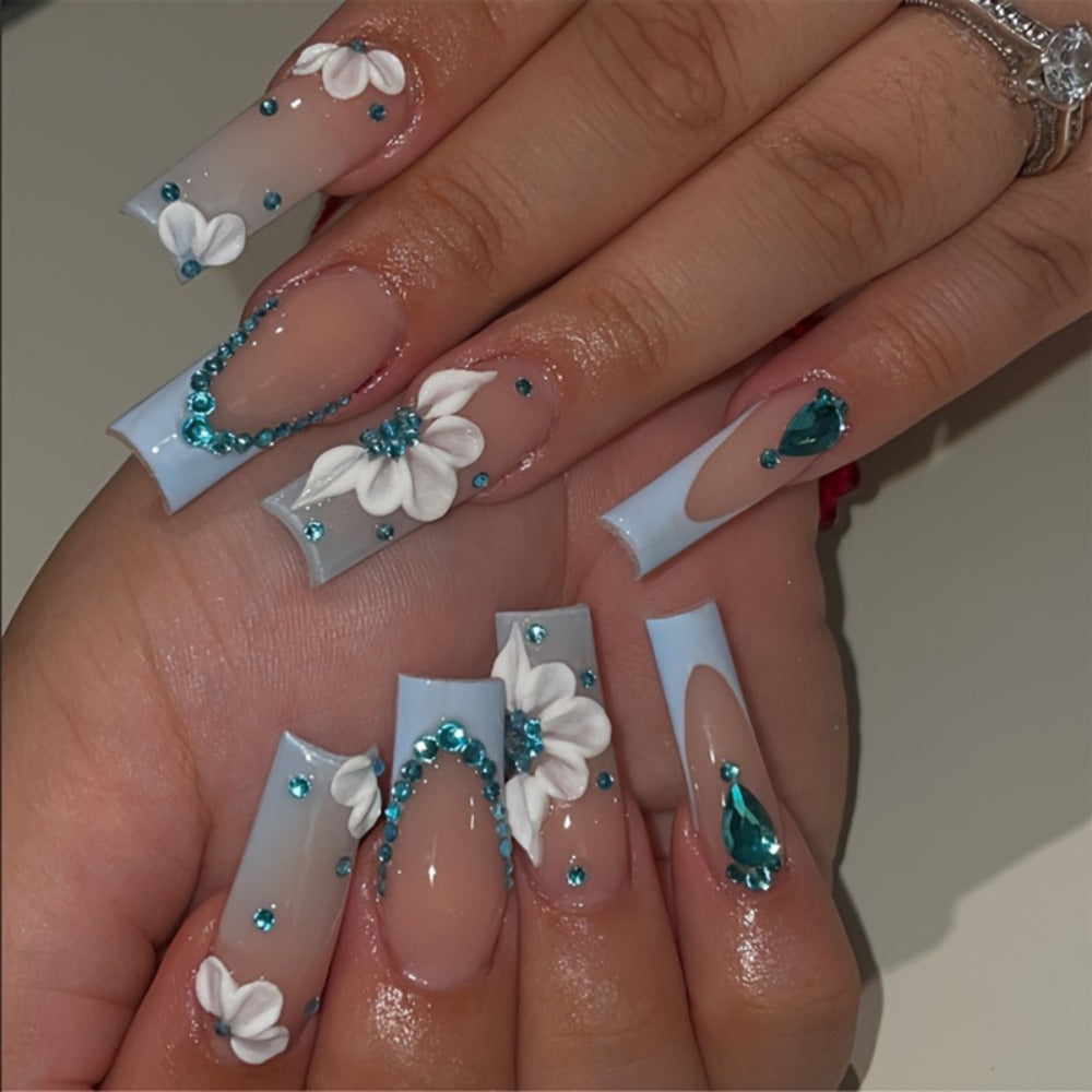 Press On Nails 96-Piece Long Ballerina Blue Gradient 3D Flower Butterfly Set with Four Bracelets