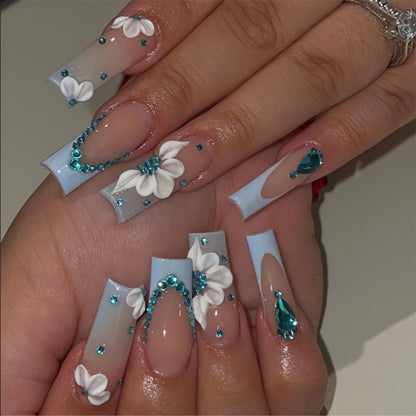 Press On Nails 96-Piece Long Ballerina Blue Gradient 3D Flower Butterfly Set with Four Bracelets