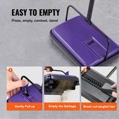 Manual Carpet Sweeper Push Non-Electric 300ml Dustbin 6.7in Width 180° Rotating Head Quiet for Entryways, Bedrooms and Living Spaces