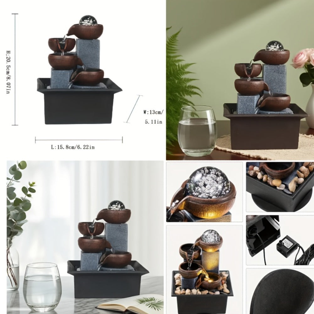 Tabletop Water Fountain Indoor, 4-Level Desktop Waterfall with LED Lights & Natural River Stones