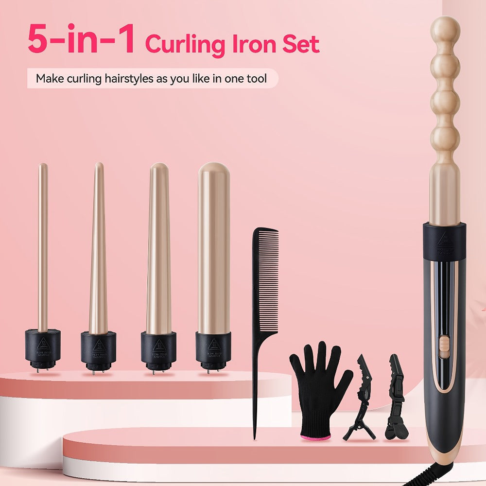 5-in-1 Curling Wand Set Ceramic Interchangeable Barrels 0.4-1.25 Inch – 30s Fast Heat, for Home, Travel and Salon Hair Styling
